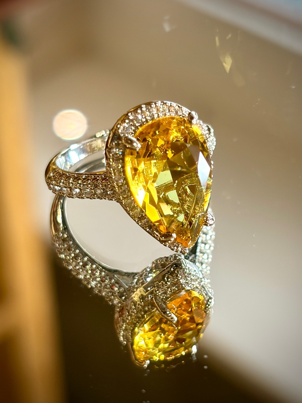 New Fancy 5ct Pear Cut Yellow CZ Halo Engagement ring Silver Tone in 7